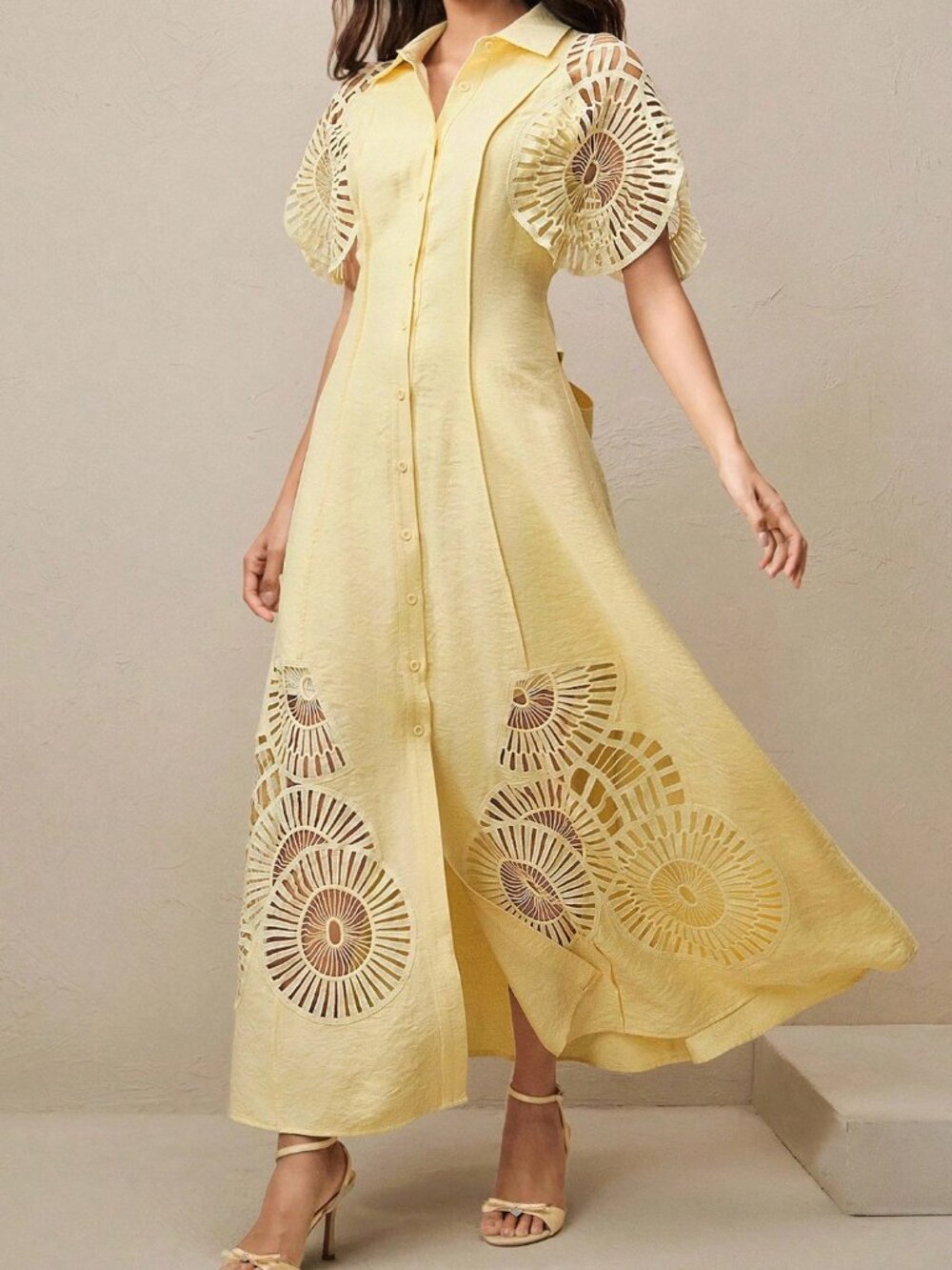 Yellow Elegant Women's Single-Breasted Hollow-Out Patchwork Long Shirt Dress
